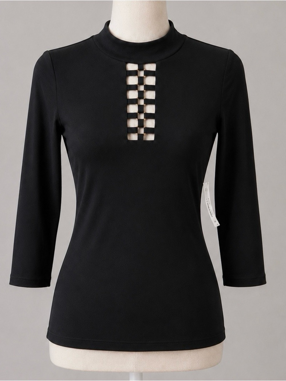 Bold Elements XS Black Mock Neck Cutout Ring Detail Top Stretch 3/4 Sleeve NWT
